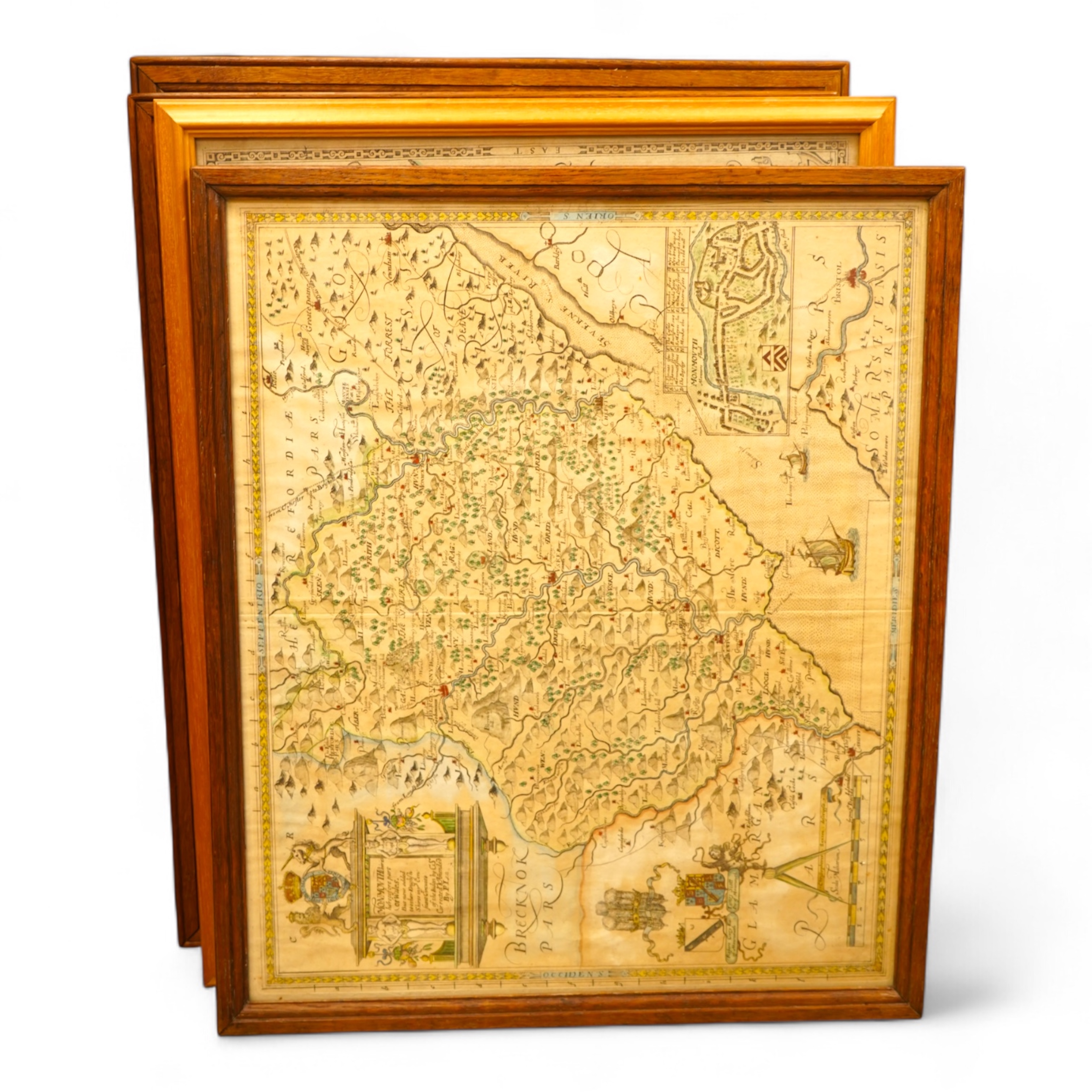 Four early maps comprising: two after Philip Lea, ‘The County of Northampton’ and ‘Monmouth’ together with two after John Speede, ‘Great Britain’ and ‘The County of Monmouth’, 40 x 49cm